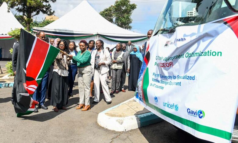 Kenya's Health Ministry Cabinet Secretary, Susan Nakhumicha, flags off a lorry transporting cold-chain equipment during a ceremony at Afya House vehicle yard in Nairobi