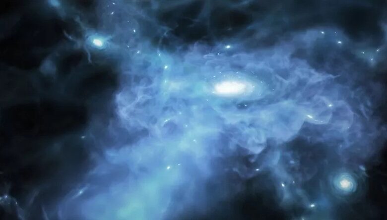 NASA illustration showing a galaxy forming only a few hundred million years after the Big Bang