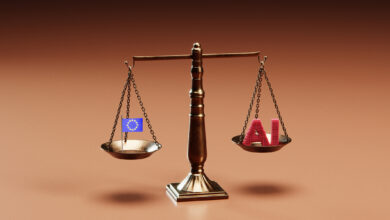 Conceptual image of a justice scale with a European flag and an artificial intelligence symbol to symbolize concepts around new laws and legislations around AI and AGI